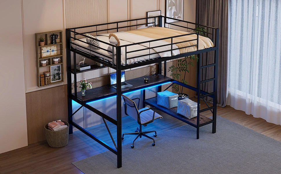 DESMIU Letto a soppalco 140 × 200 cm 2 posti con scrivania, scaffali, USB e LED, senza materasso, nero