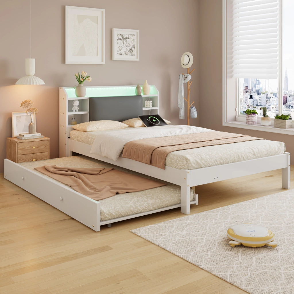 Letto Estraibile 120x200 cm e 90x190 cm - LED; Mensole e Stazione di Ricarica - Bianco