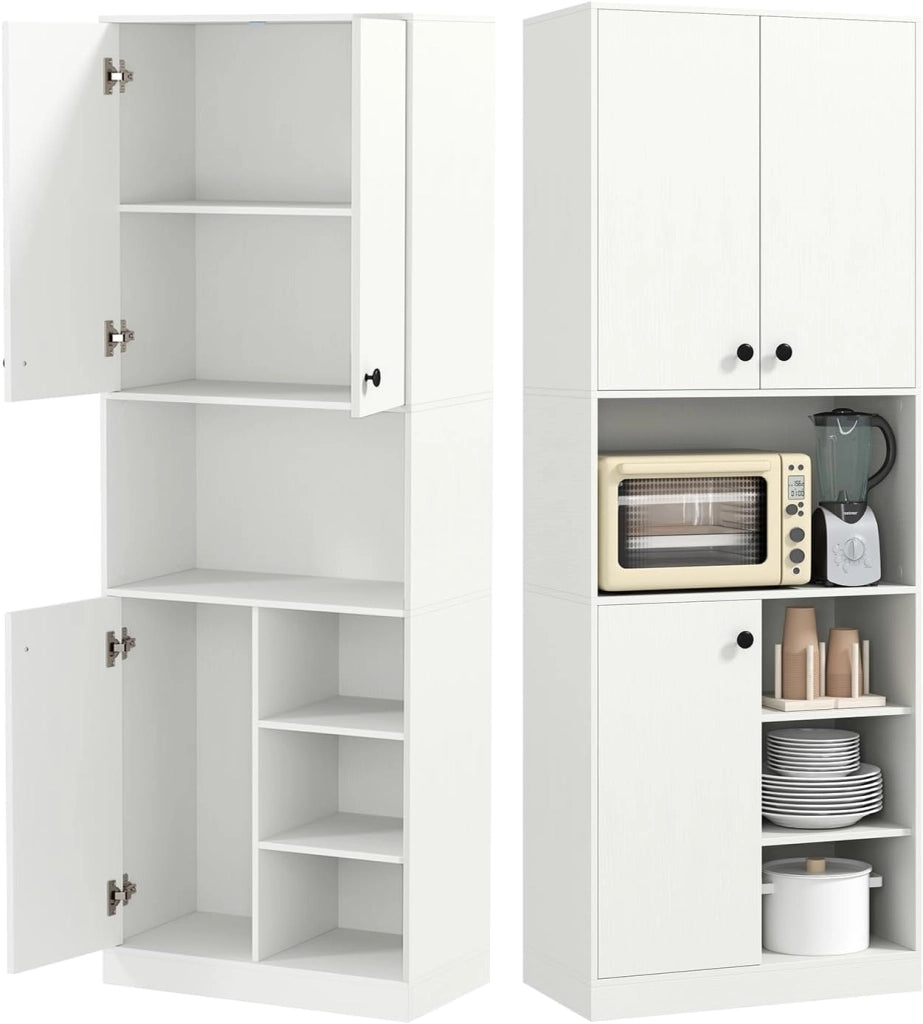 Credenza Alta da Cucina 166 cm, Mobile Cucina Dispensa con 3 Porte, 2 Cassetti e 4 Ripiani Aperti, Mobile Buffet Multifunzionale per Bagno, Soggiorno, Sala da Pranzo, 60×33×166 cm (Bianco)