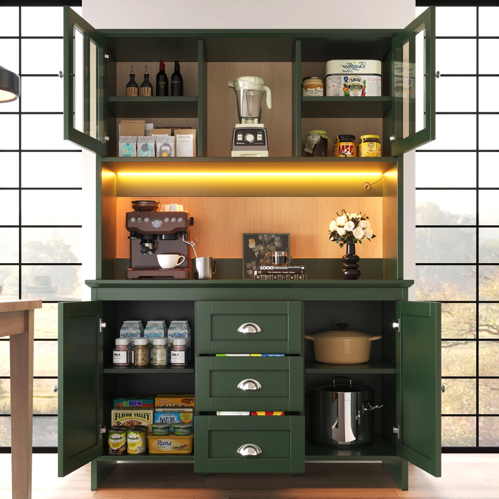 Credenza Alta da Cucina con Ante in Vetro e LED ¨C Xylo ¨C Verde, 120x40x179 cm
