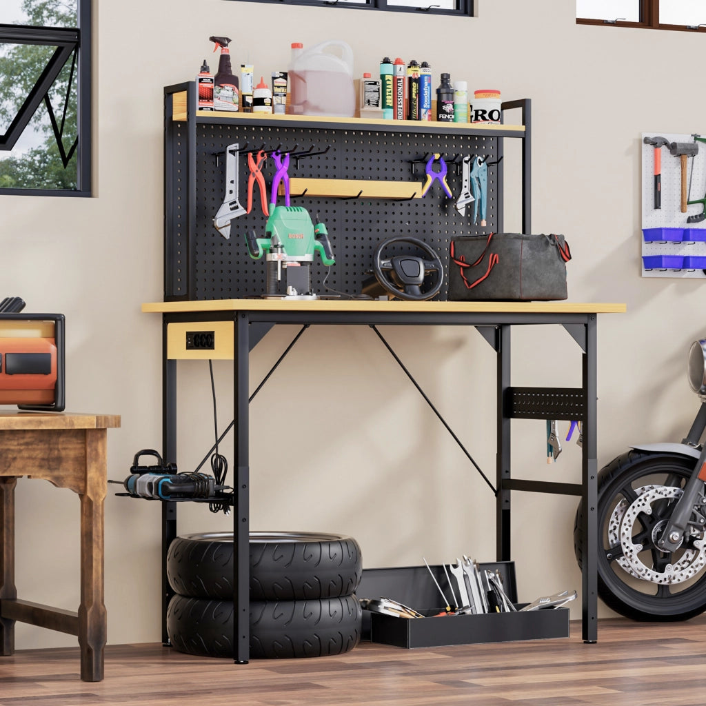 Scrivania lineare regolabile con 18 ganci, prese AC, porta USB e USB-C, per garage e ufficio, nero e naturale