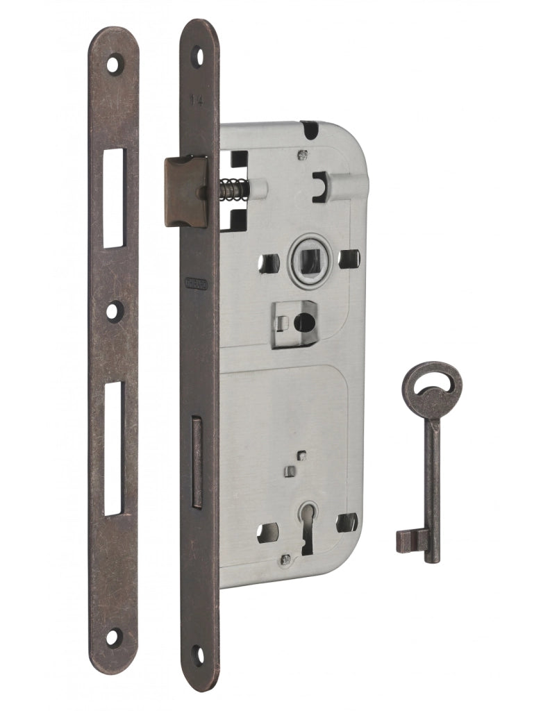 Serratura Patent da incasso 90mm x 45mm, reversibile, piastra tonda, richiamo 1/2 giro, 1 chiave, bronzo - THIRARD