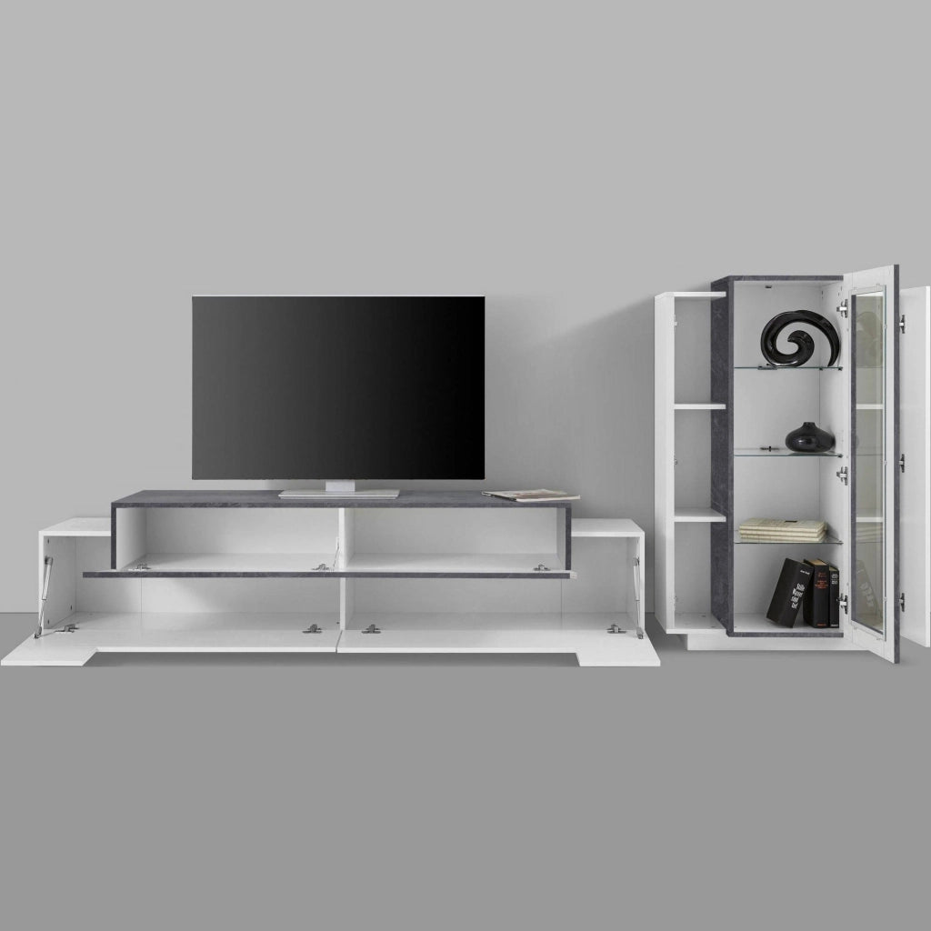 Parete attrezzata da soggiorno Anisia, Made in Italy, Porta TV a luce LED bianca, Set salotto moderno, cm 290x45h121, Bianco lucido e Grigio Cenere