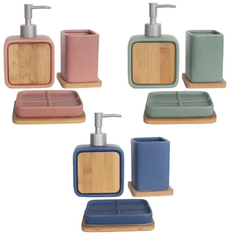 Set Accessori Bagno in Ceramica e Bamboo Square Color 3 Colori