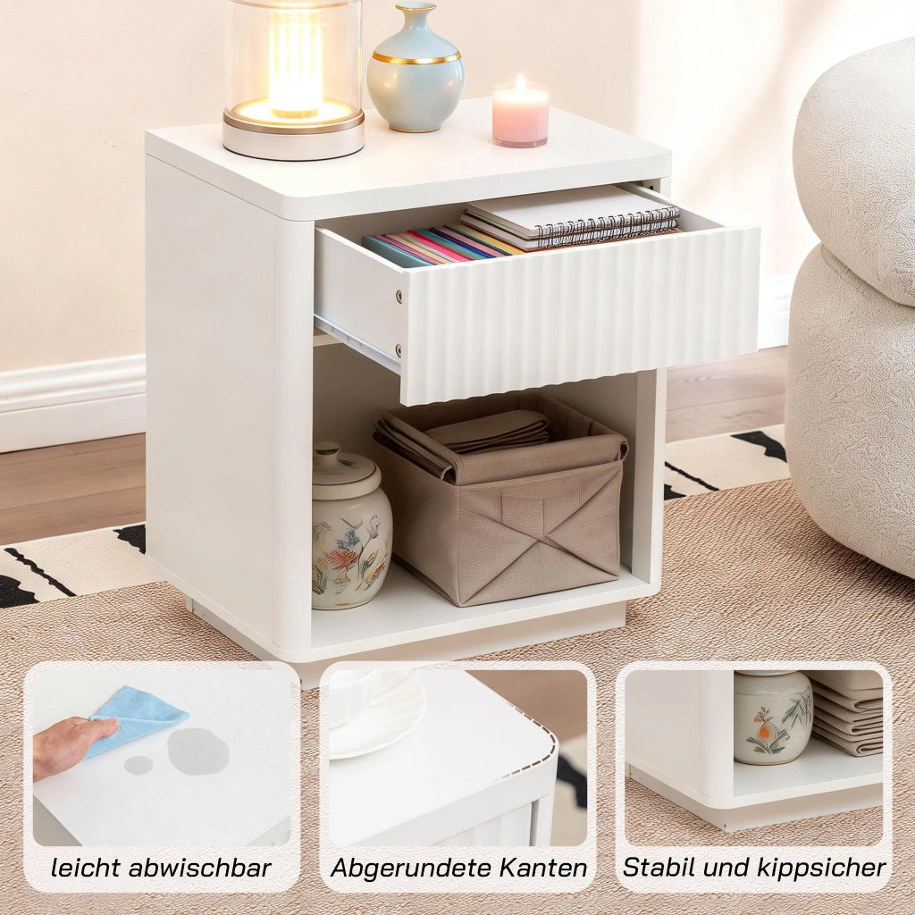 Comodino con cassetto e vano aperto, design a onde, per camera da letto, in MDF, bianco, 63,5 × 38 × 46,5 cm