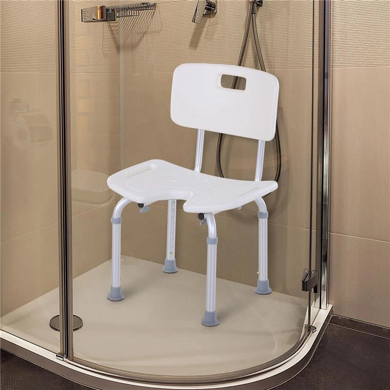 SEDIA DOCCIA REGOLABILE SU 8 LIVELLI CON FORI DI DRENAGGIO, IN ALLUMINIO E PE, 48X42X71-83.5 CM, BIANCO E ARGENTO