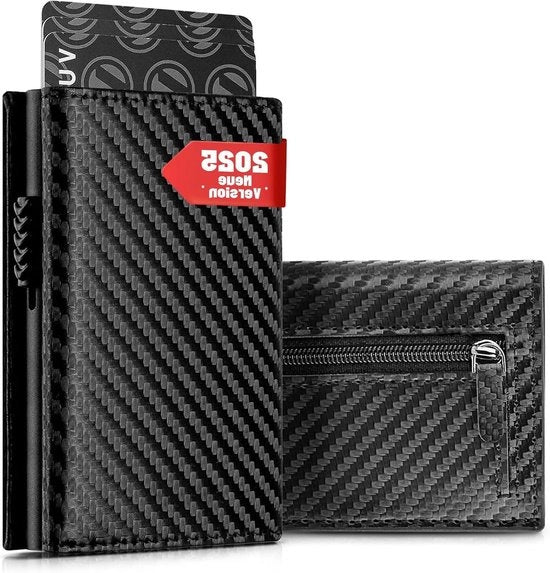 Portafoglio in pelle per uomini con cassetto per monete e protezione RFID, porta carte mini, nero carbonio Minimalista