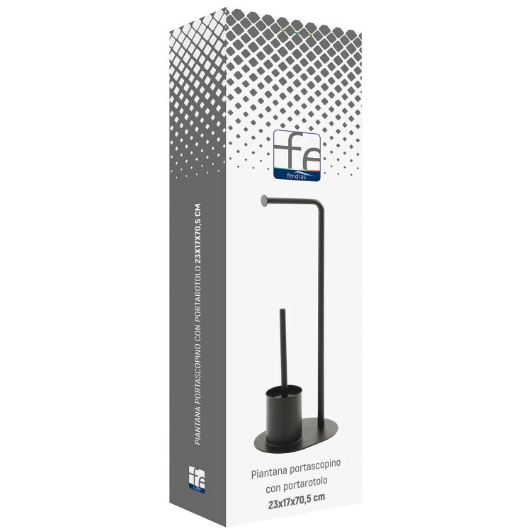 Piantana portascopino con portarotolo base ovale in acciaio nero opaco L23xH70,5xP17 cm Feridras