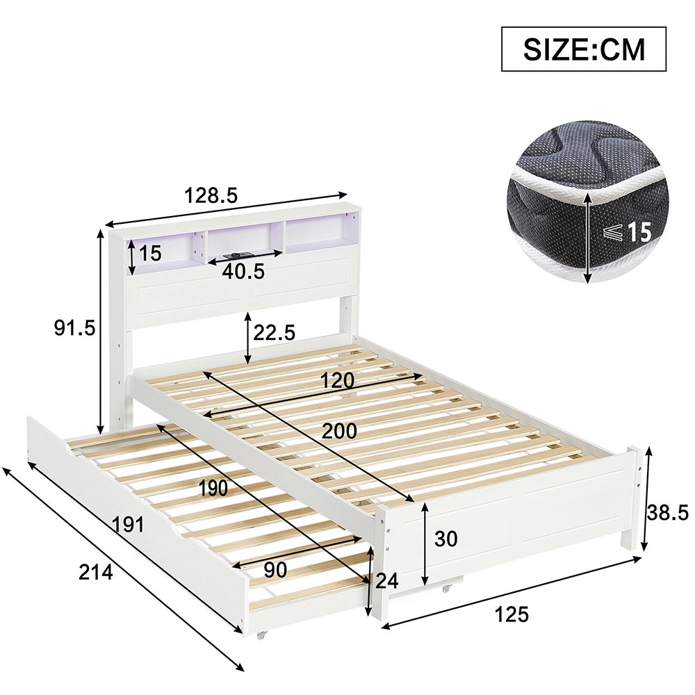 Letto a castello-Xylo-120x200+90x190 cm-LED, USB, contenitore, pino, bianco