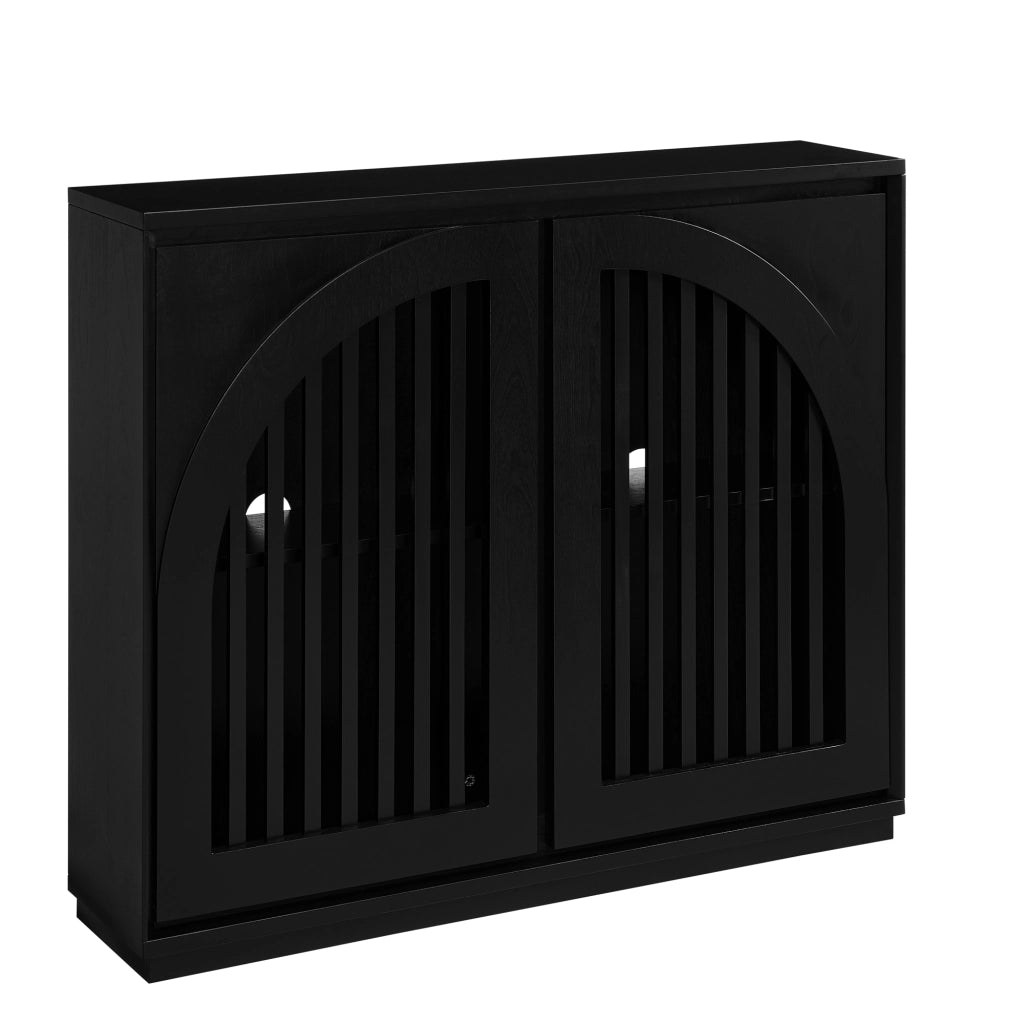 Credenza con ante scanalate e 2 aperture per prese in legno e MDF nero