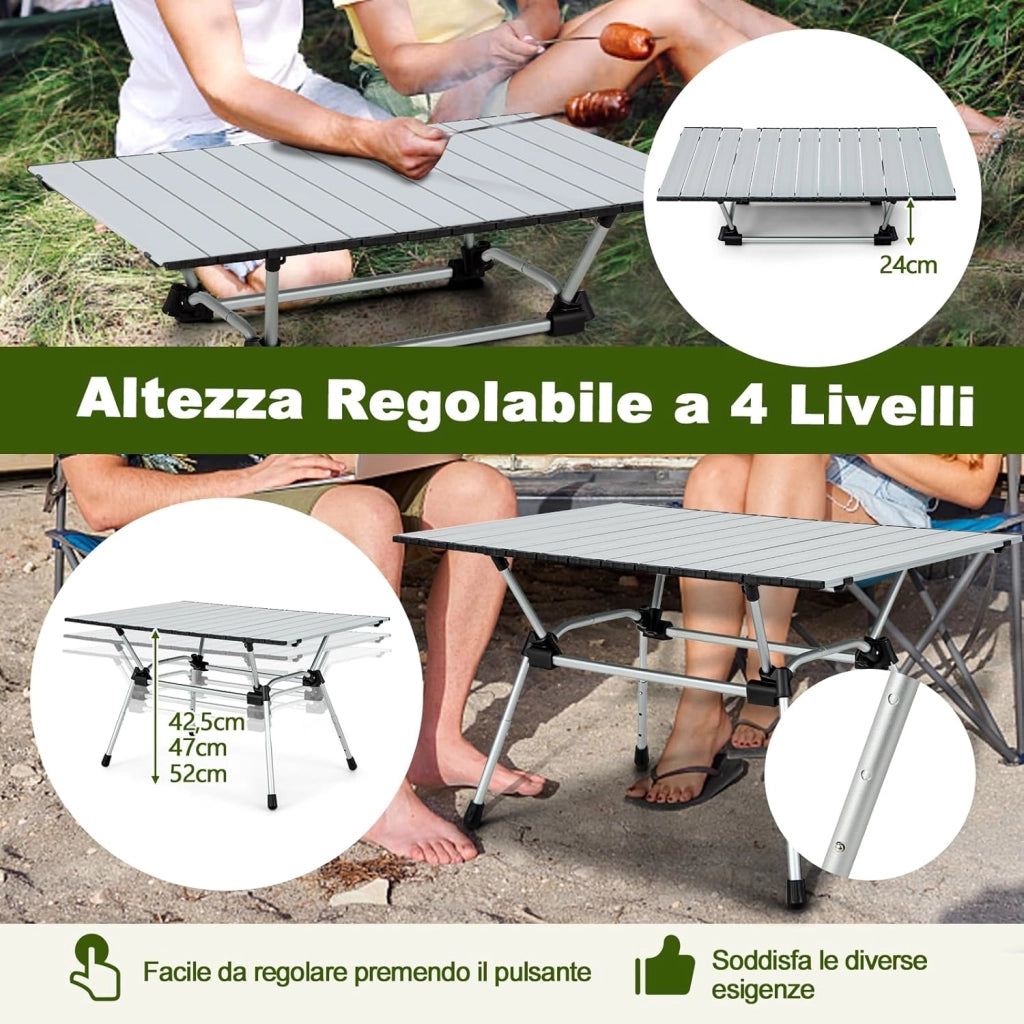 Tavolo da Campeggio Pieghevole in Alluminio, Altezza Regolabile a 4 Livelli, Tavolo da Picnic con Borsa, Peso Netto 4 kg，Tavolino da Esterno e Interno Portatile, 90x60,5x52 cm (argento)