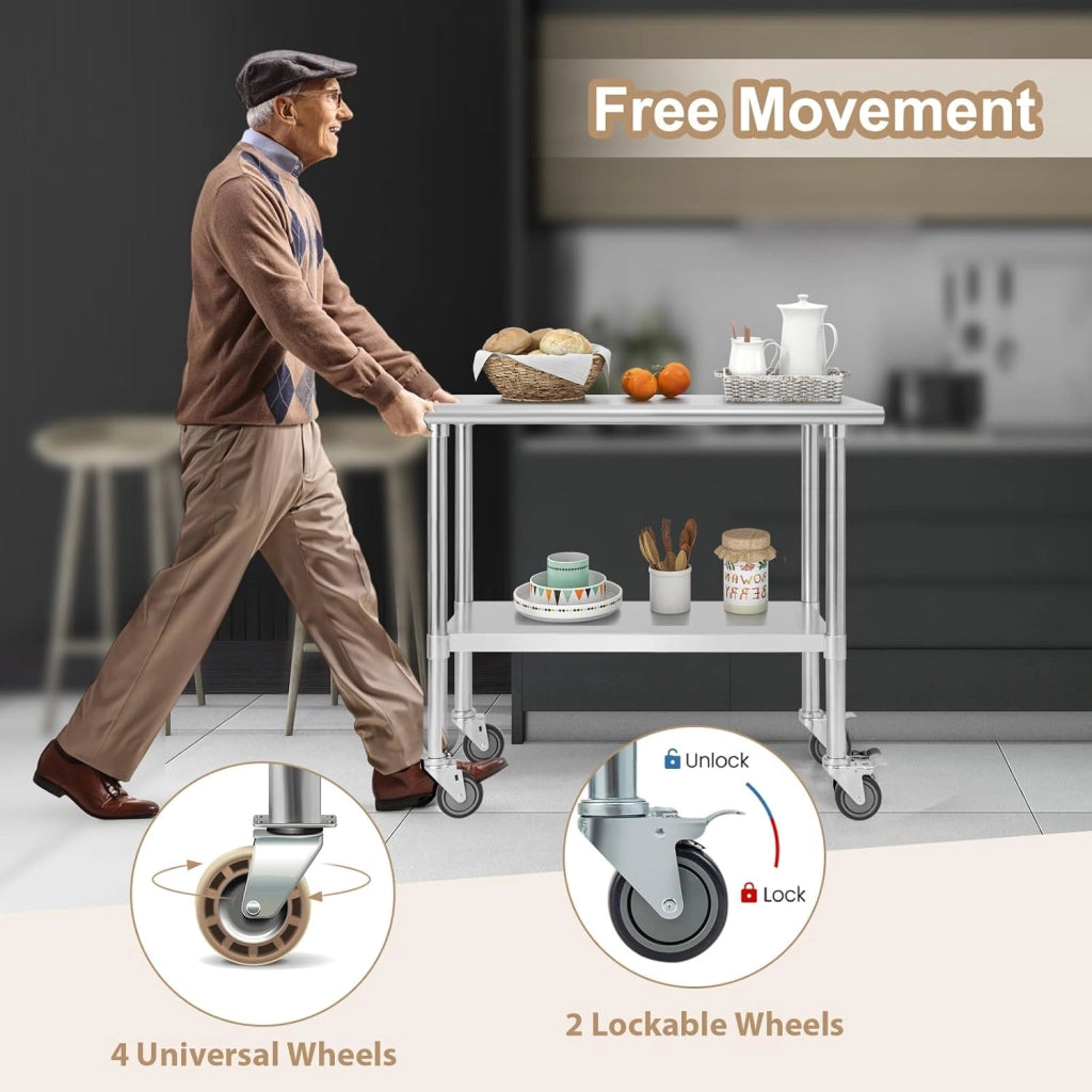 carrello portautensili in acciaio inox con ruote, altezza regolabile, tavolo da cucina per preparazione cibi a 2 livelli, tavolo smontabile con capacità di carico 250 kg per ristorante e