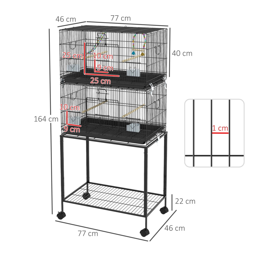 Doppia Voliera 2 Gabbie per Uccelli Impilati 77x46x164 cm in Acciaio con Ruote Nero