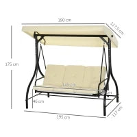 Dondolo da Giardino 3 Posti con Tettuccio Regolabile, in Metallo e tessuto Teslin, Beige e Nero