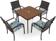 Set 5 Pezzi Tavolo e Sedie da Esterno, Tavolo Quadtato con Piano in Legno Plastica e Foroe per Ombrellone e 4 Poltrone in Rattan con Cuscini, Mobile per Giardino, Terrazza e Bordo Piscina