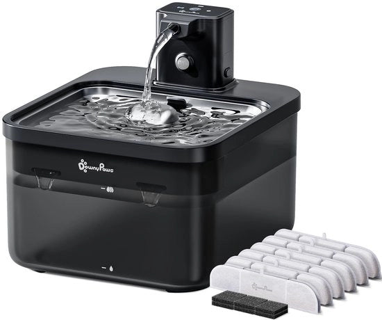 Fonte di acqua per gatti 2,5L, fonte di acqua per gatti wireless con sensore di movimento, batterie 4000 mAh, pompa d'acqua silenziosa, bacino in acciaio inossidabile per gatti, nero con 6 filtri