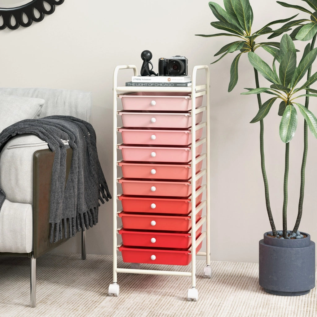 Carrello cassettiera multiuso con 10 cassetti da cucina, Contenitore con ruote a 10 ripiani per bagno Rosa-Armadi da ufficio