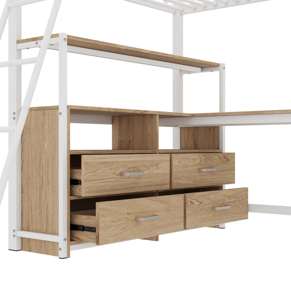 Letto a soppalco 140x200 cm con scrivania angolare e cassetti, bianco
