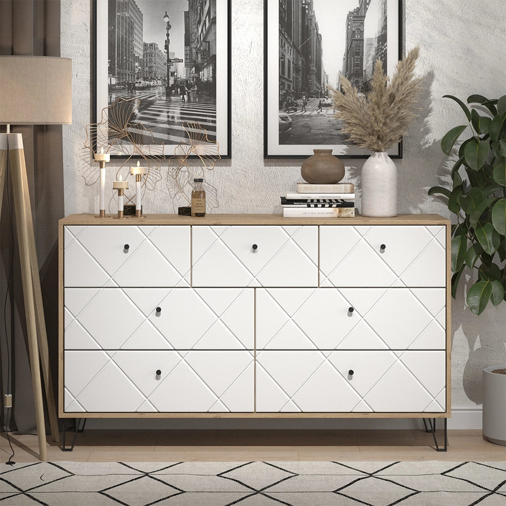 Vicco Cassettiera per camera da letto Artigianale/Bianco 140.2 x 82.6 cm con 7 cassetti