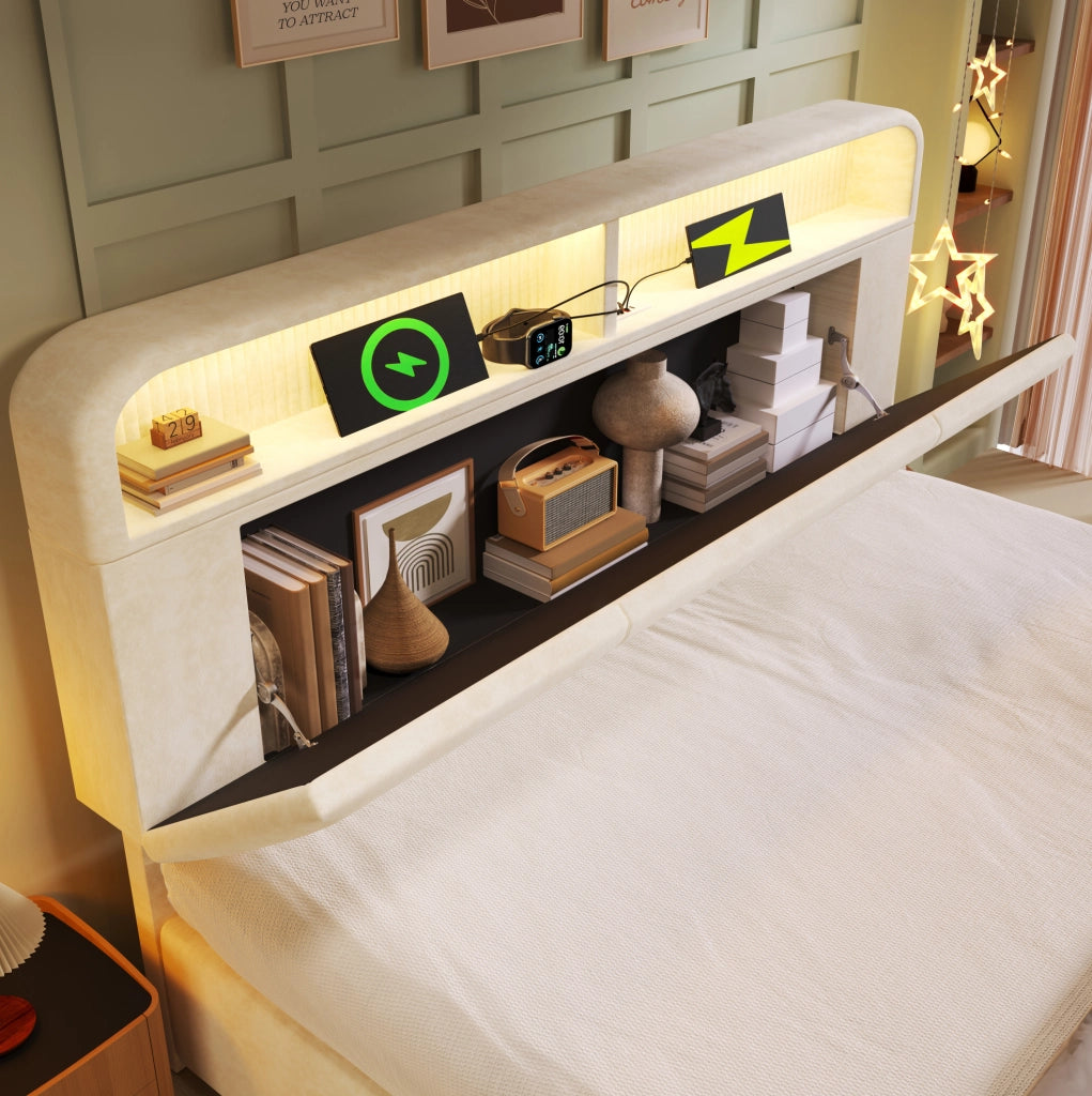 Letto matrimoniale 140x190 cm con LED, USB e contenitore