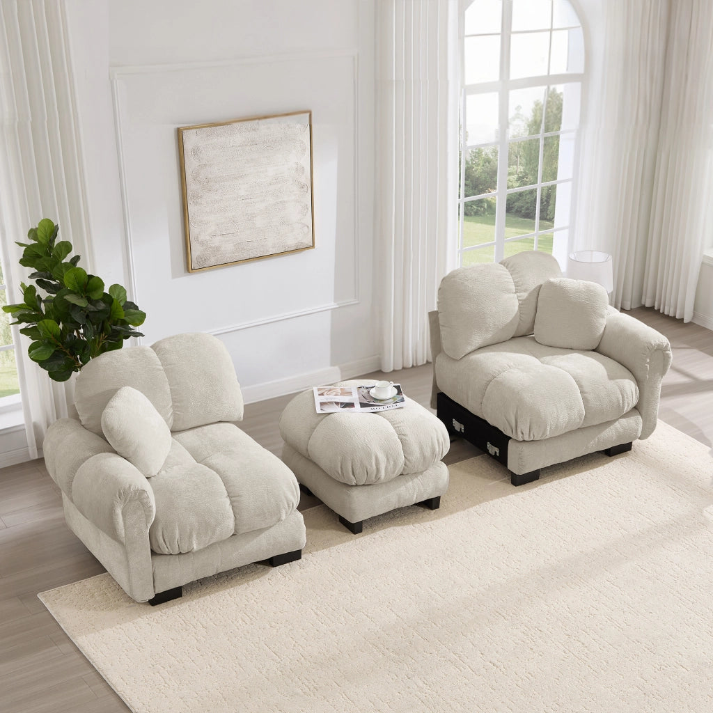 Divano angolare modulare 2 posti con chaise longue mobile e cuscini trapuntati in ciniglia beige chiaro