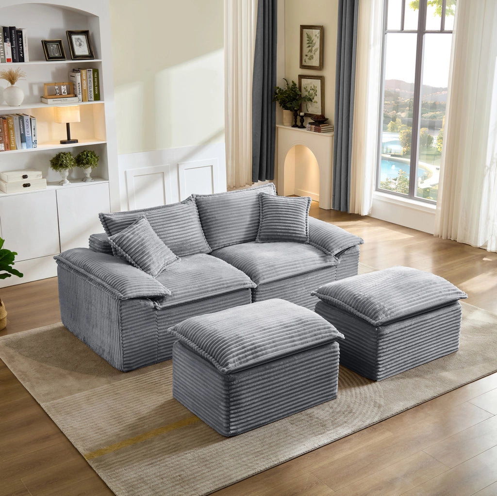 Divano 2 posti con pouf 206x158x88 cm in tessuto effetto corda grigio