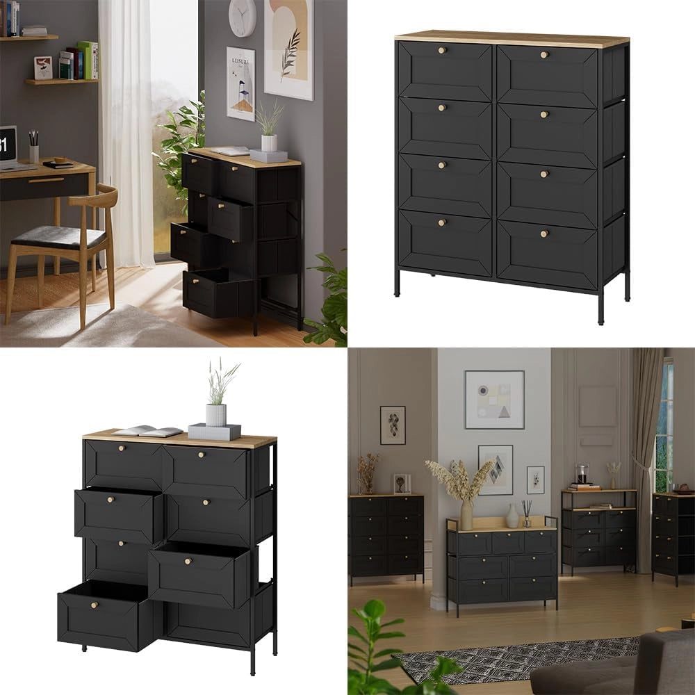 Cassettiera Belaro, Nero, 80 x 95 cm con 8 cassetti, per riporre abiti e oggetti di uso quotidiano