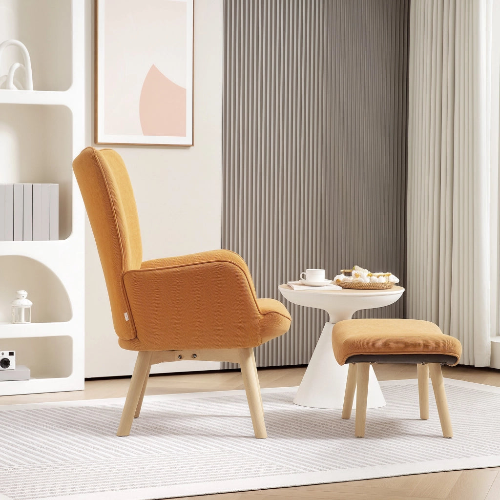 Poltrona relax con poggiapiedi in tessuto cord ¨C zephmum ¨C marrone, gambe in legno