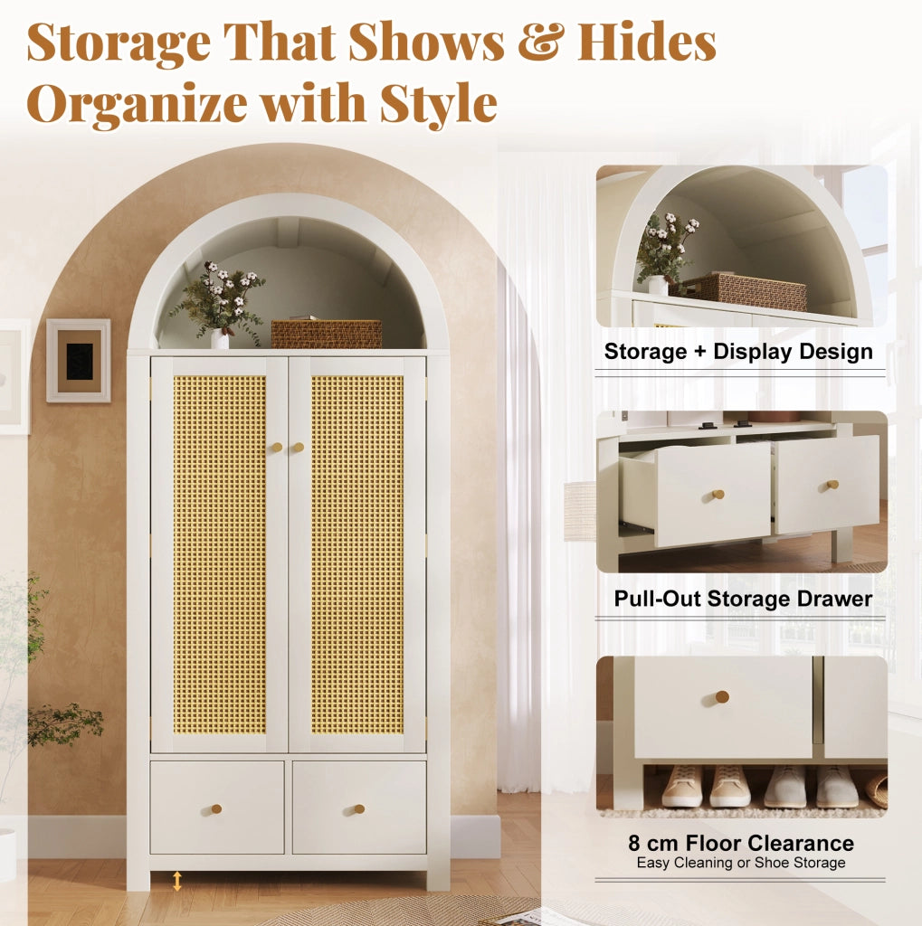 Armadio guardaroba con arco e intreccio in rattan 181x78x45 cm; bianco in MDF e metallo