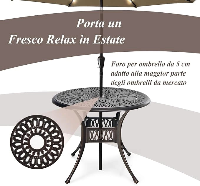 Tavolo da Pranzo Giaridno 91 cm, Tavolo da Bistro con Foro per Ombrellone da 5 cm, Tavolino Rotondo per Giardino Balcone Terazza, Portata 75 kg