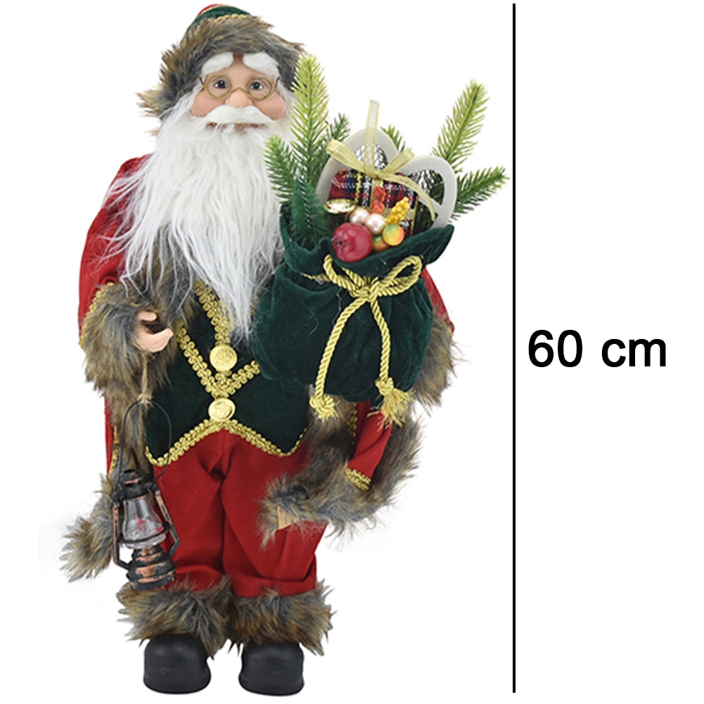 Statuina Babbo Natale Addobbo Statuetta 60cm Vestiti in Tessuto e Sacco Natalizio