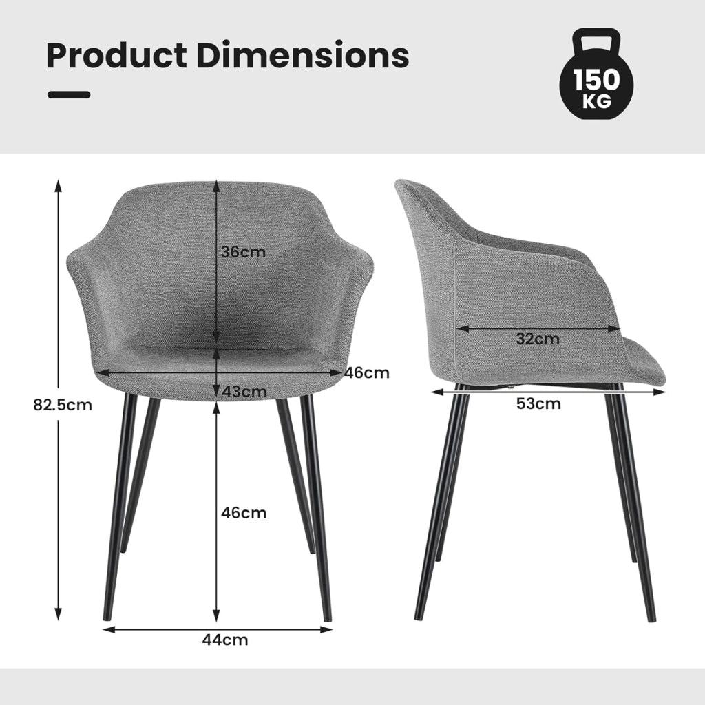 Set di 2 sedie per il tempo libero, set di sedie da pranzo rivestite con gambe in metallo, schienale ergonomico imbottito per sala da pranzo, cucina, patio (grigio)