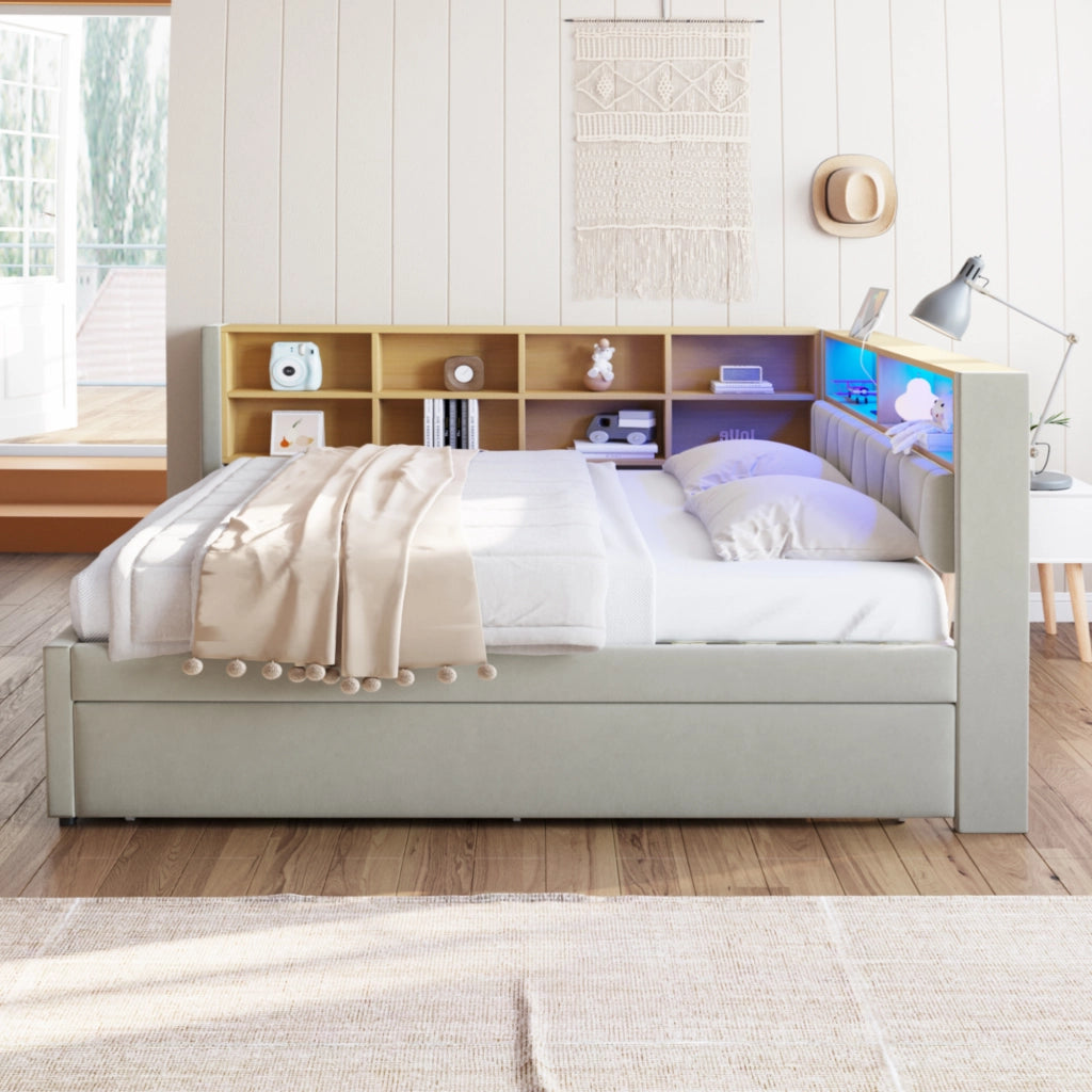 Divano letto con letto estraibile 140x200 cm, LED, USB e vani contenitore, flanella grigio chiaro