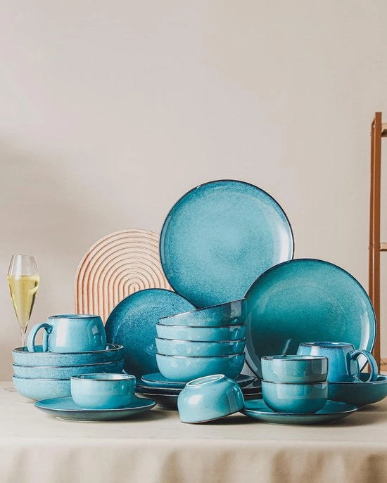 Set di 4 piatti da colazione in ceramica, piatti da dessert in porcellana, 240 ml, ideali come piatti per snack, leggeri e resistenti ai colpi, piatti per frutta, servizio per 4 persone, set di servizio per lavastoviglie, colore azzurro chiaro