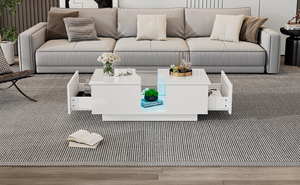 TAVOLINO da caffè LED 100x50x35 cm Bianco lucido in MDF con 2 cassetti