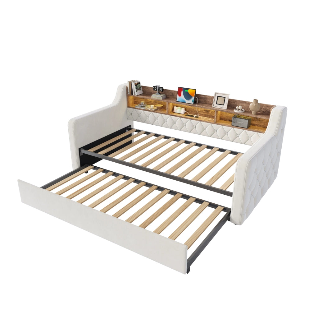 Divano letto 90x190 cm beige in velluto; estraibile con LED