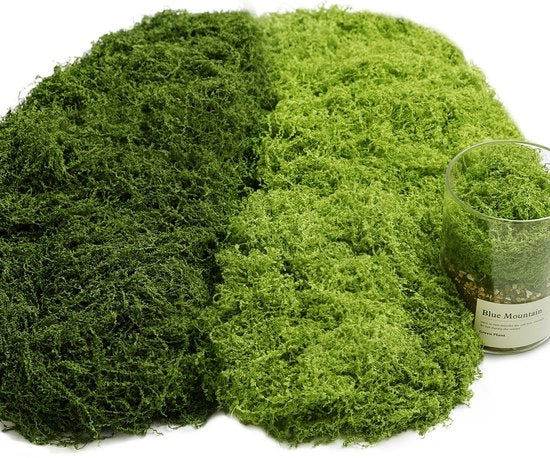 Kunstmos decorativo per hobby, decorazione estetica 100g, decorazione finta per Pasqua, Natale e acquario, modello per modellismo (50g verde scuro + 50g verde chiaro)