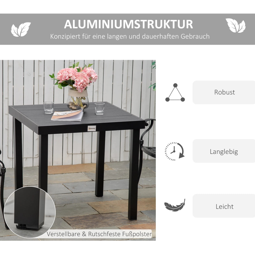 Tavolo da giardino per 4 persone; tavolo da pranzo compatto realizzato in alluminio e plastica nera facile da cura; 80x80x74cm; per arredamento da giardino