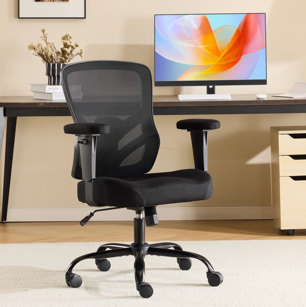 Sedia da ufficio ergonomica nera con supporto lombare regolabile e braccioli 2D