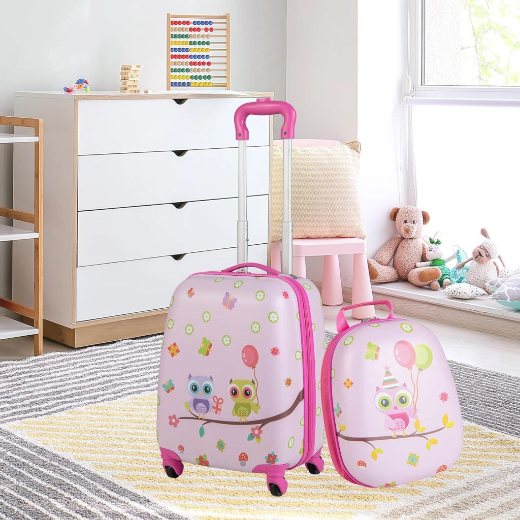 Set di Valigia 16’’ + Zaino 12’’ per Bambini 2 Pezzi, Bagagli 2-in-1 con Zainetto da Viaggio Aereo, Trolley con Maniglia Telescopica e 4 Ruote a 360° (Rosa Gufo)