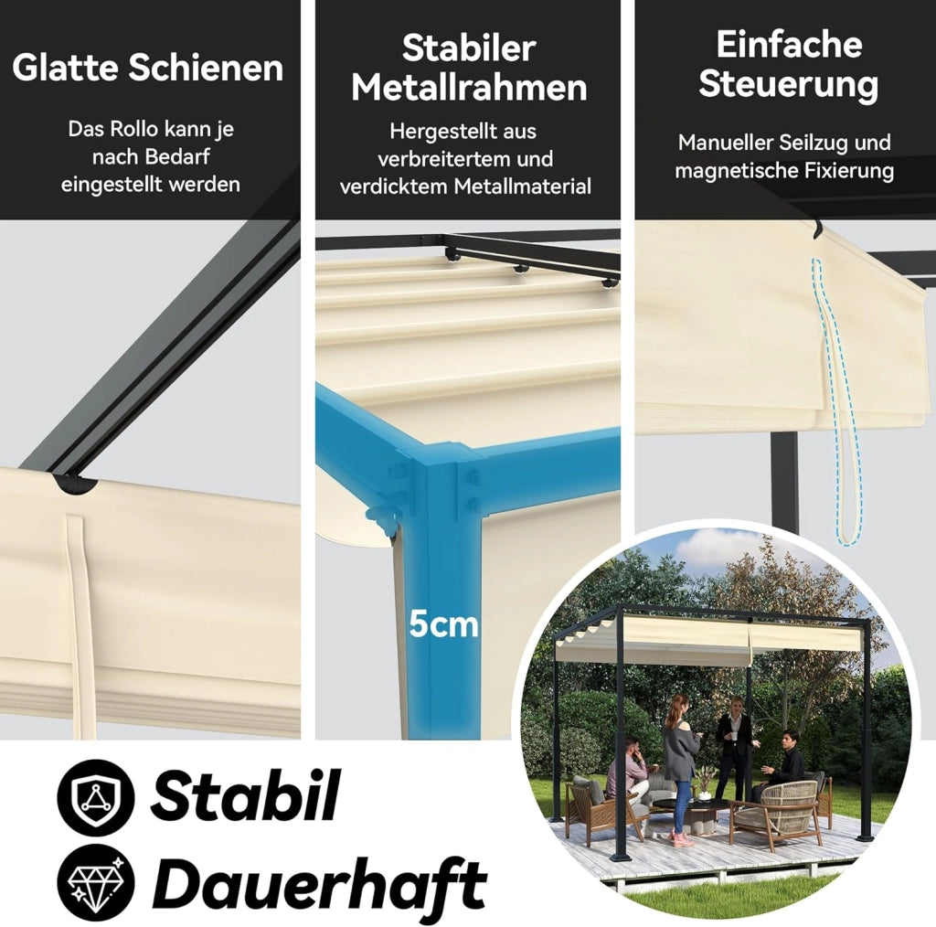 Pergola 3x3m, baldacchino impermeabile, stabile invernale, gazebo con ombreggiatura regolabile, protezione solare per giardino, terrazza e balcone, beige