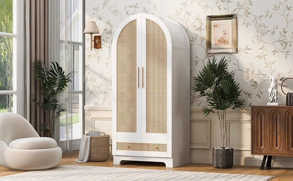Armadio Guardaroba Bianco 70×55×170 cm con 2 Ante Effetto Rattan; Cassetti e Ripiani Interni