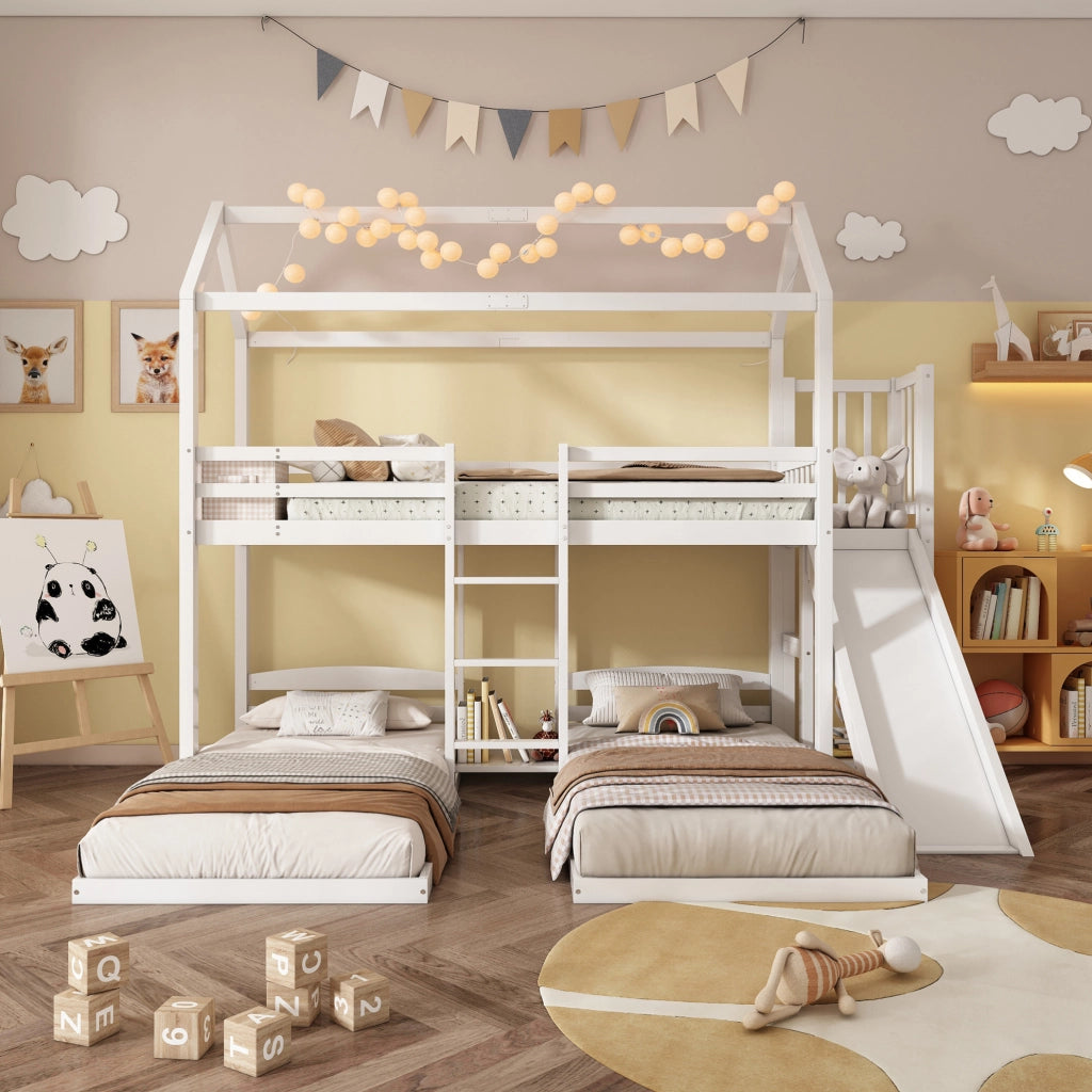 Letto a castello per bambini con scivolo, 3 posti letto e tetto bianco 90x200 cm