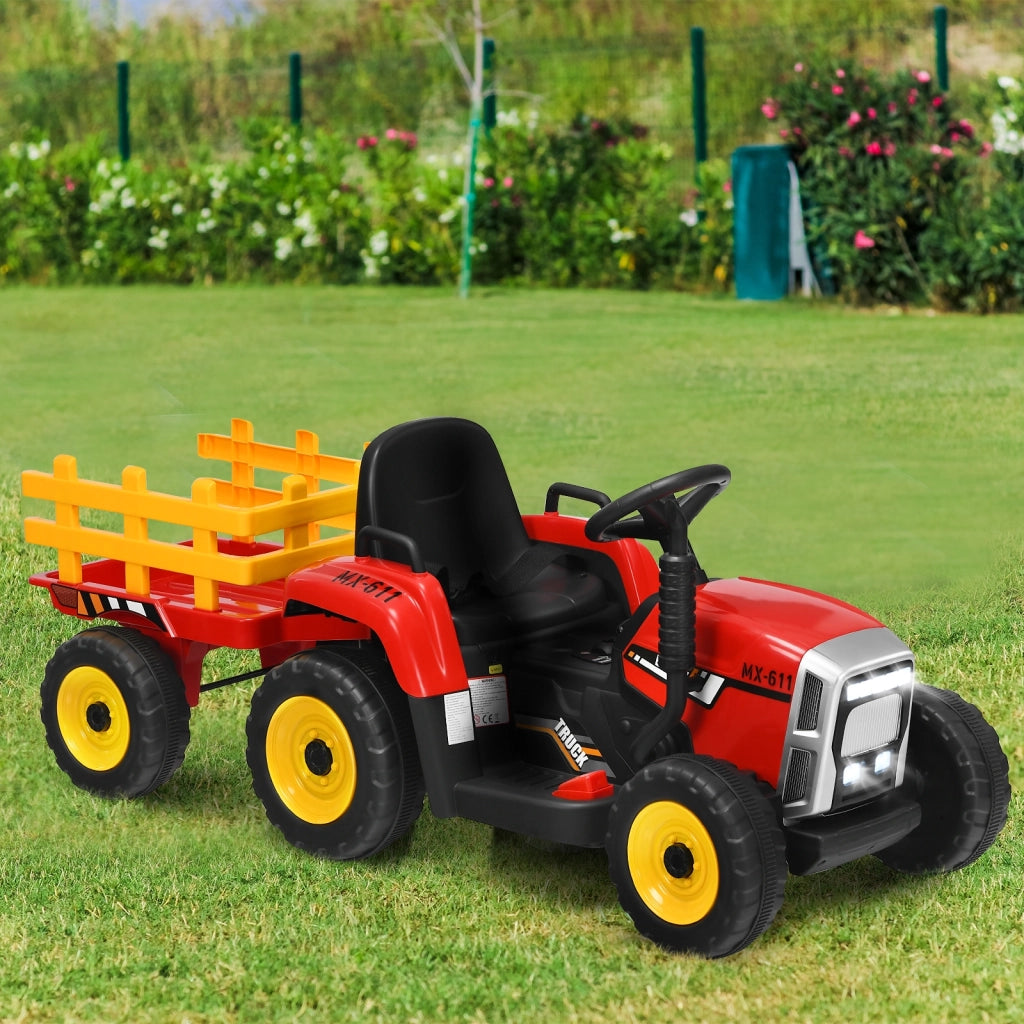 Trattore giocattolo elettrico con 3 marce luci led musica clacson, Trattore con rimorchio 12 v per bambini Rosso-Macchinine giocattoli