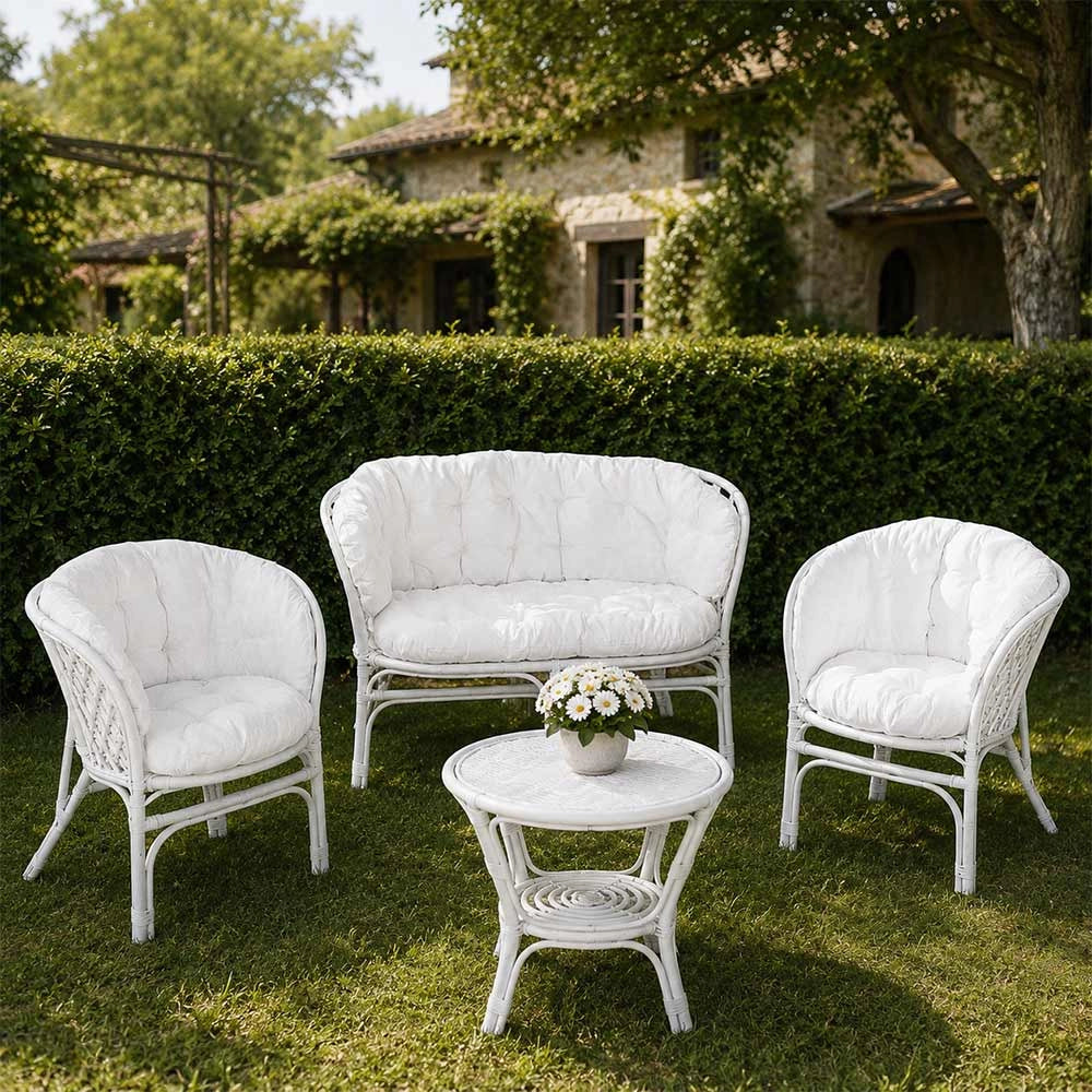 Salotto da giardino bahama in bambu con cuscini bianchi