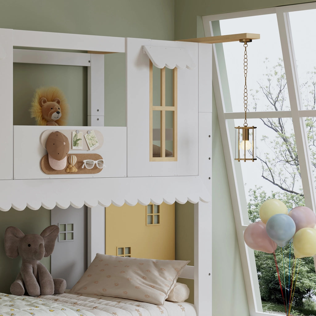 DESMIU Letto a castello per bambini 90 × 200 cm con scala contenitore, finestre decorative e senza materasso