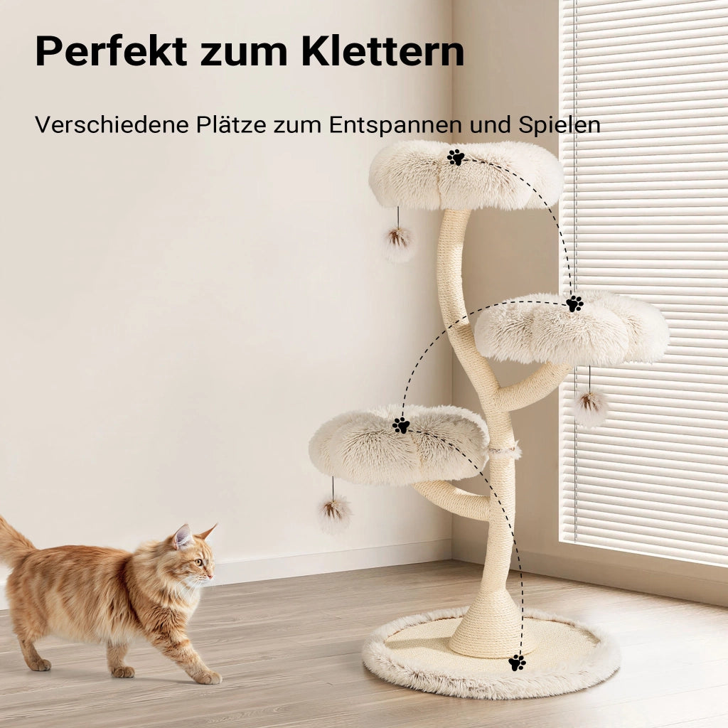 Fudajo Albero tiragraffi per gatti di design con 3 piattaforme, Ø 59 cm, altezza 125 cm, portata max. 15 kg, beige con sisal e peluche, colonna con 3 livelli