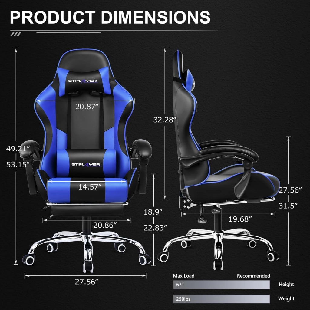Sedia da Gaming, Ergonomico Sedia da Ufficio, con Massaggiante poggiapiedi e supporto lombare, Schienale Regolabile 90-135°, Portata 150 kg, sedia per computer, Blu