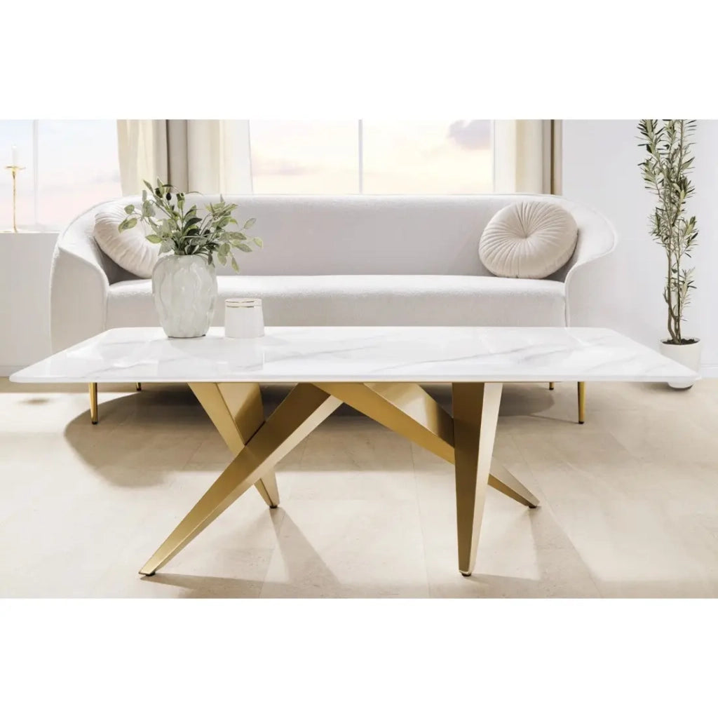 Tavolino AXIS 130 cm effetto marmo bianco con gambe dorate