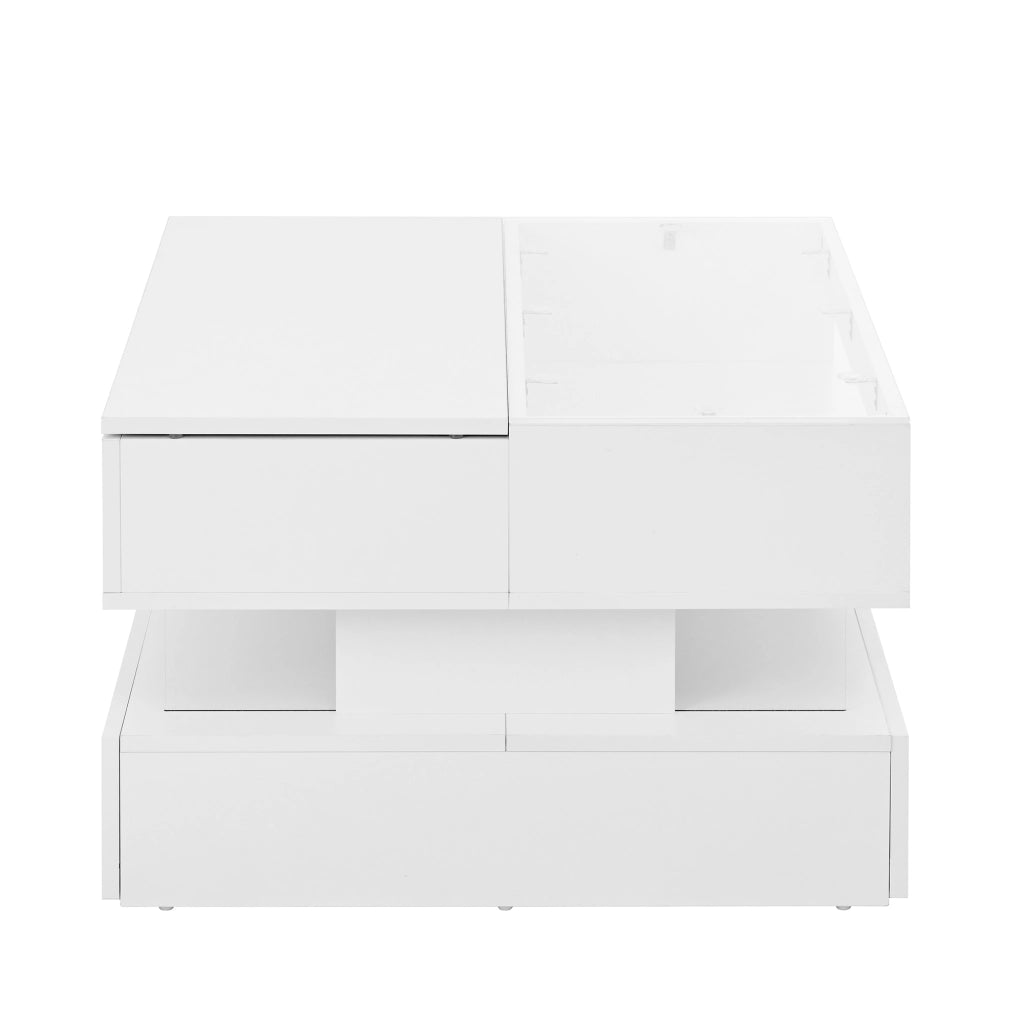 Tavolino da Salotto Alzabile con 2 Cassetti e Vani e LED 16 Colori; Piano in Vetro; in Pannello Truciolare; 70×67×57 cm; Bianco